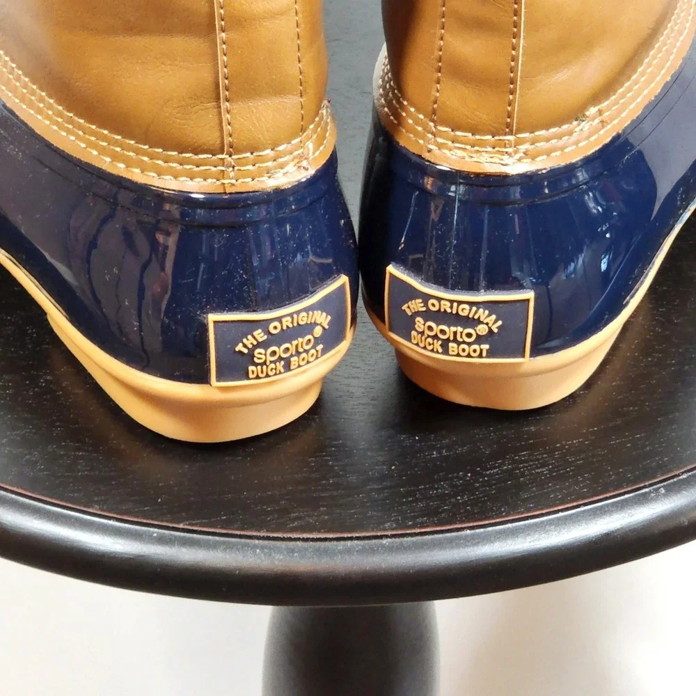 Sporto Ariel Duck Boots Navy Blue Tan Plaid Lined Rain Snow Boots Womens 8.5M